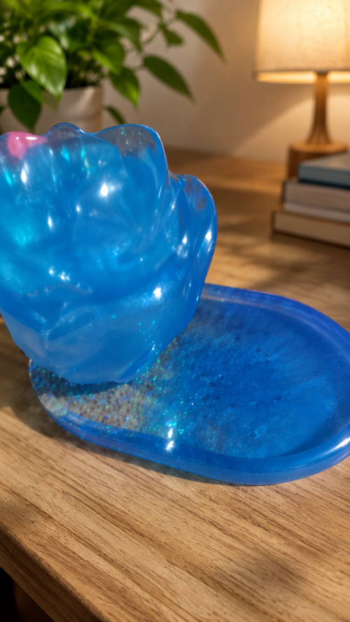 Blue resin Rose jar and matching plate
