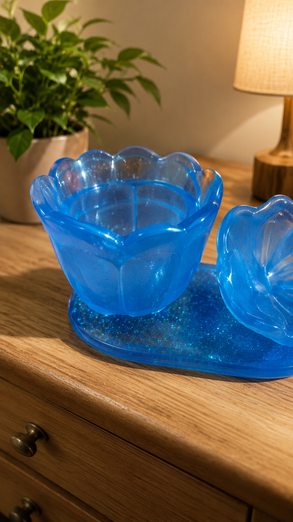 Blue resin Rose jar and matching plate